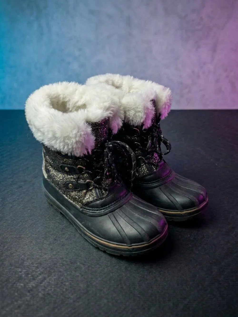 Juicy Couture Girls Black Glitter Duck Boots Faux Fur Sz 3